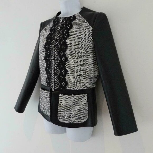 NWT OSCAR DE LA RENTA Black Leather & Boucle Twill Tweed Zip Front Jacket 8 - Picture 2 of 8